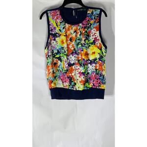 LAUREN RALPH LAUREN Women's Navy Silk Floral Crewneck Sleeveless Keyhole Top SZL